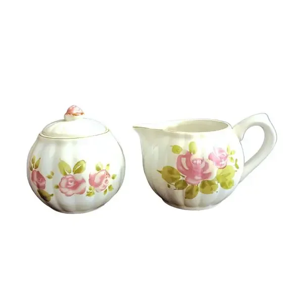 Gibson Roseland Porcelain Stoneware Vintage Sugar Bowl with Lid and Creamer Set - Picture 1 of 10